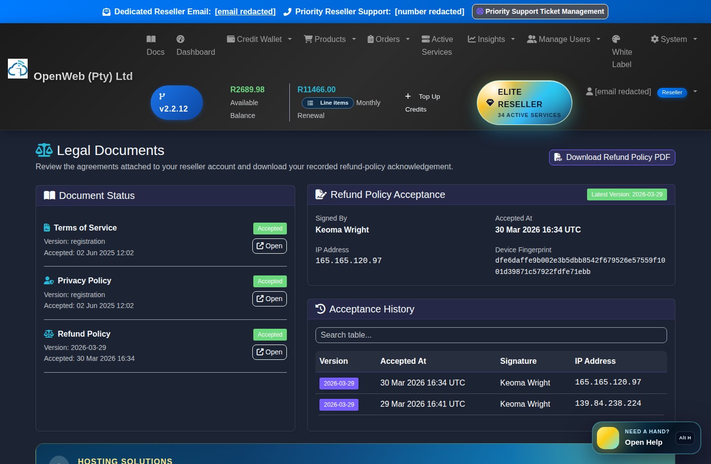 Current OpenWeb reseller panel screenshot: Support and legal centre